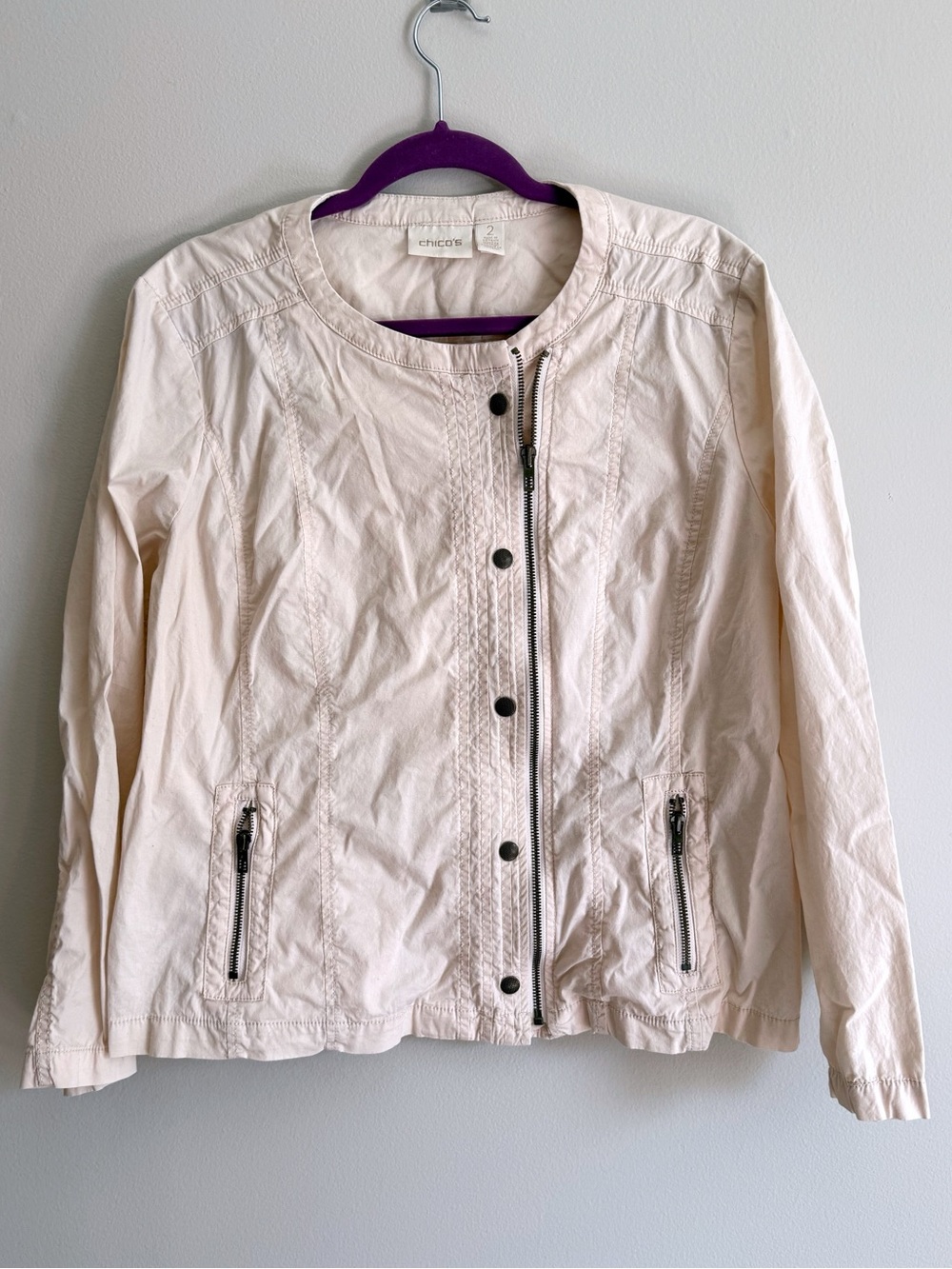 Cropped Light Cream Bomber Jacket with Asymmetrical Zipper - CHICO'S Size 2